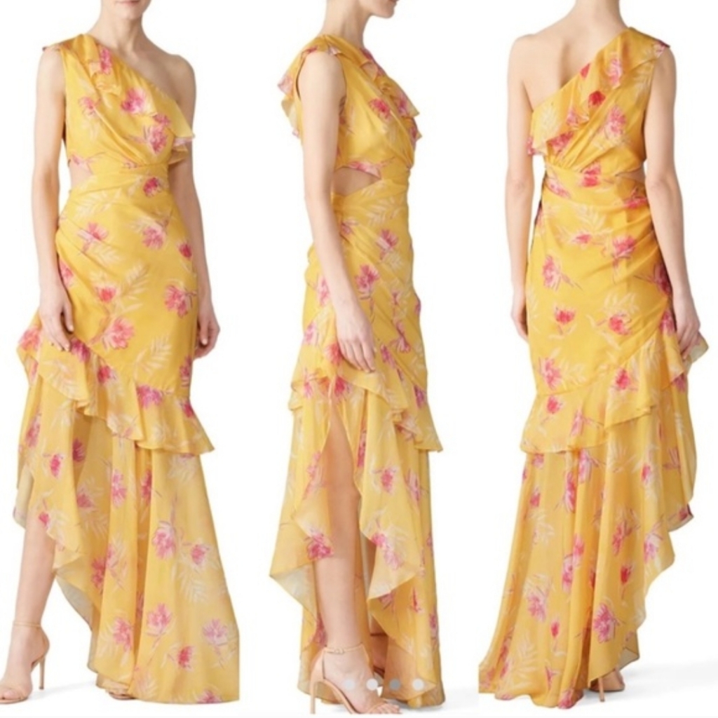 Amur Yellow One-Shoulder Floral Ruffle Maxi Dress Size 4